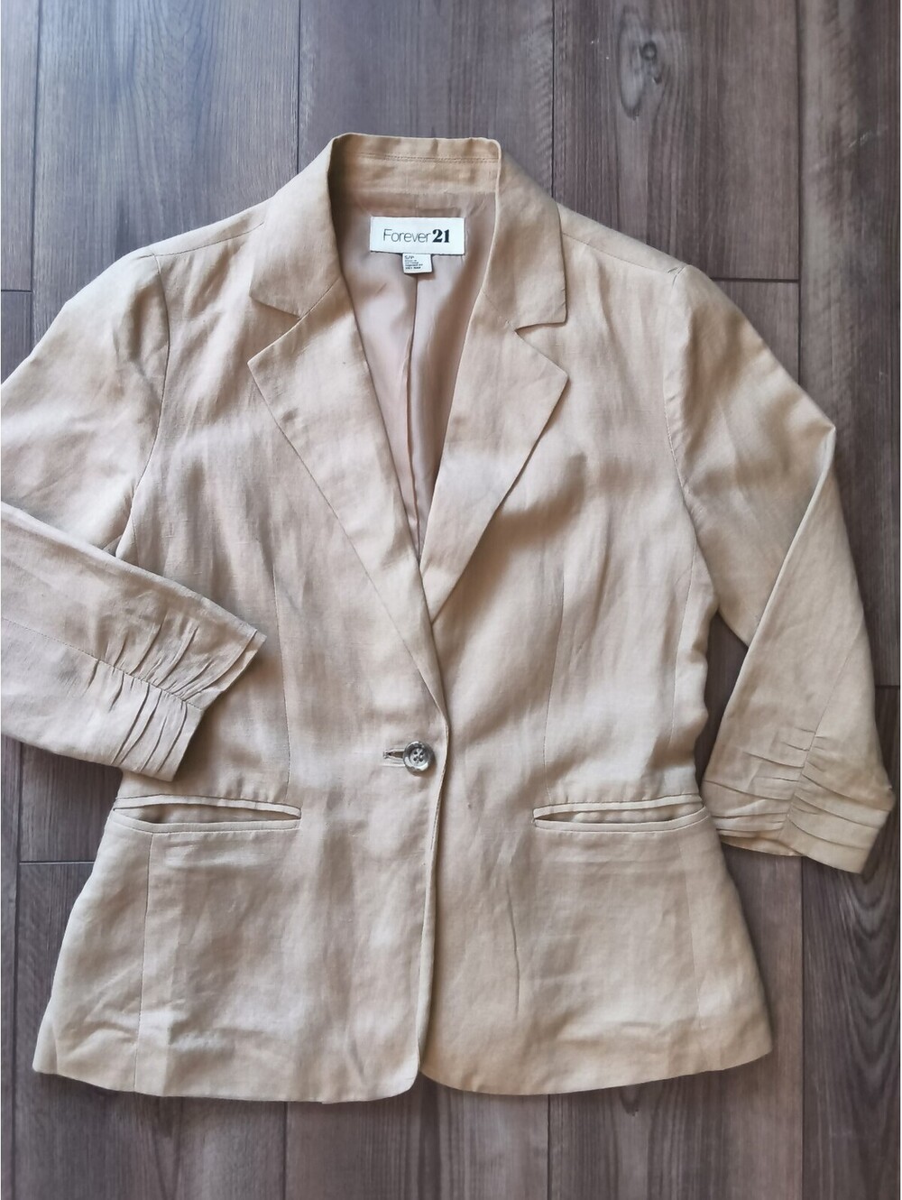 Forever 21 Linen-Blend Ruched 3/4-Sleeve Blazer Beige Tan SP Lightweight